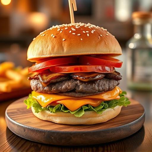 Appetizing food photography of a gourmet burger on a wooden table