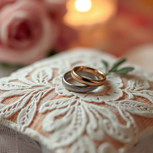 Close up shot of the wedding rings on a lace pillow.