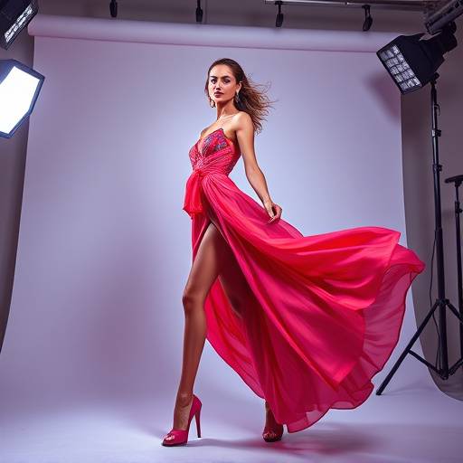 Creative fashion photography showcasing a model in a vibrant dress