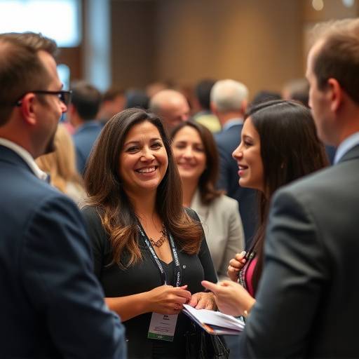 Lively scene from a corporate event with people networking and smiling